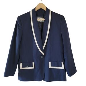 Le Suit Navy Single Breasted Crepe Jacket Sz 12P Nautical Office Siren Corpcore